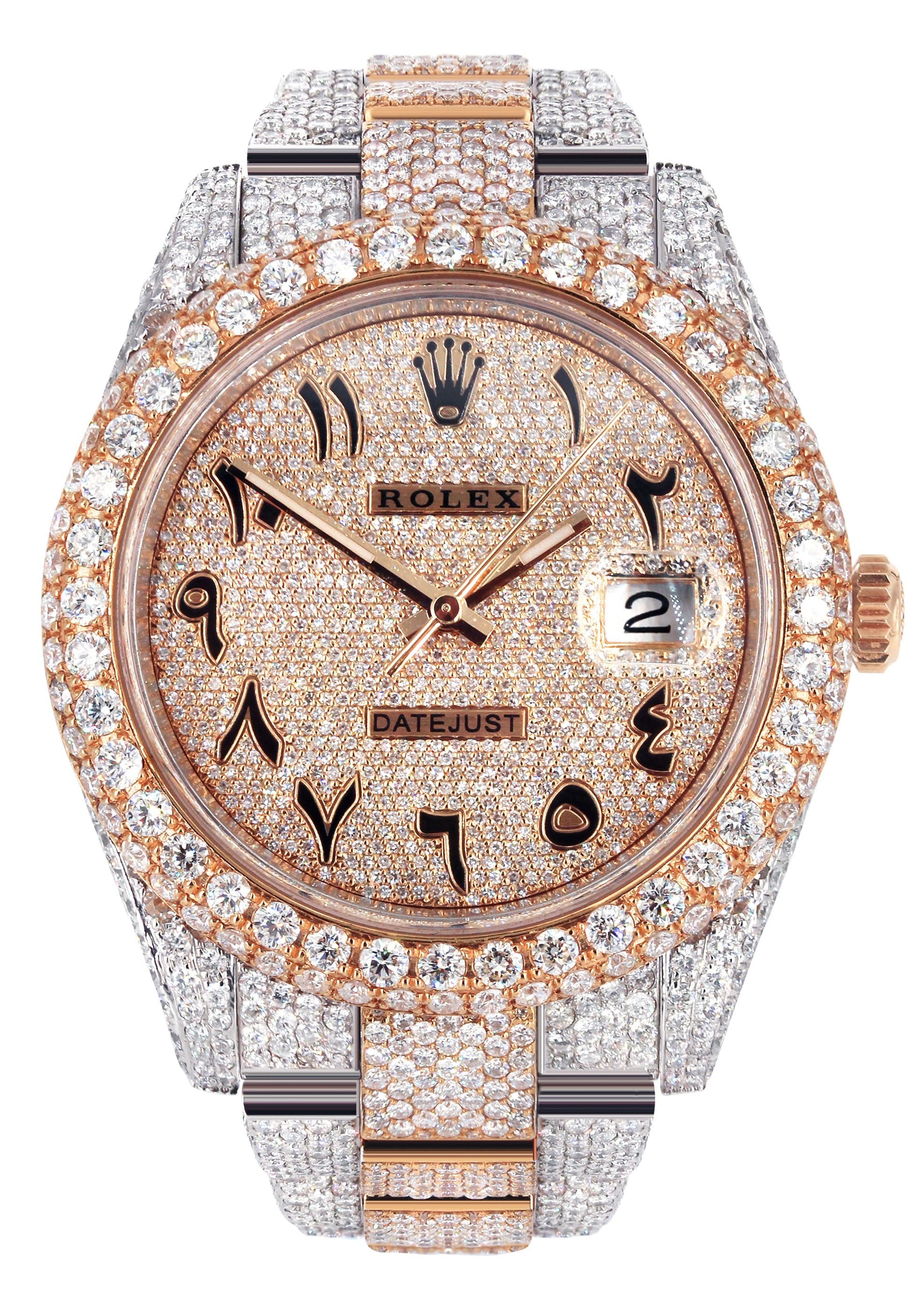 Diamond Rose Gold Iced Out rothtlex Datejust 41 | 25 Carats Of Diamonds | Custom Full Diamond Arabic Dial | Oyster Band