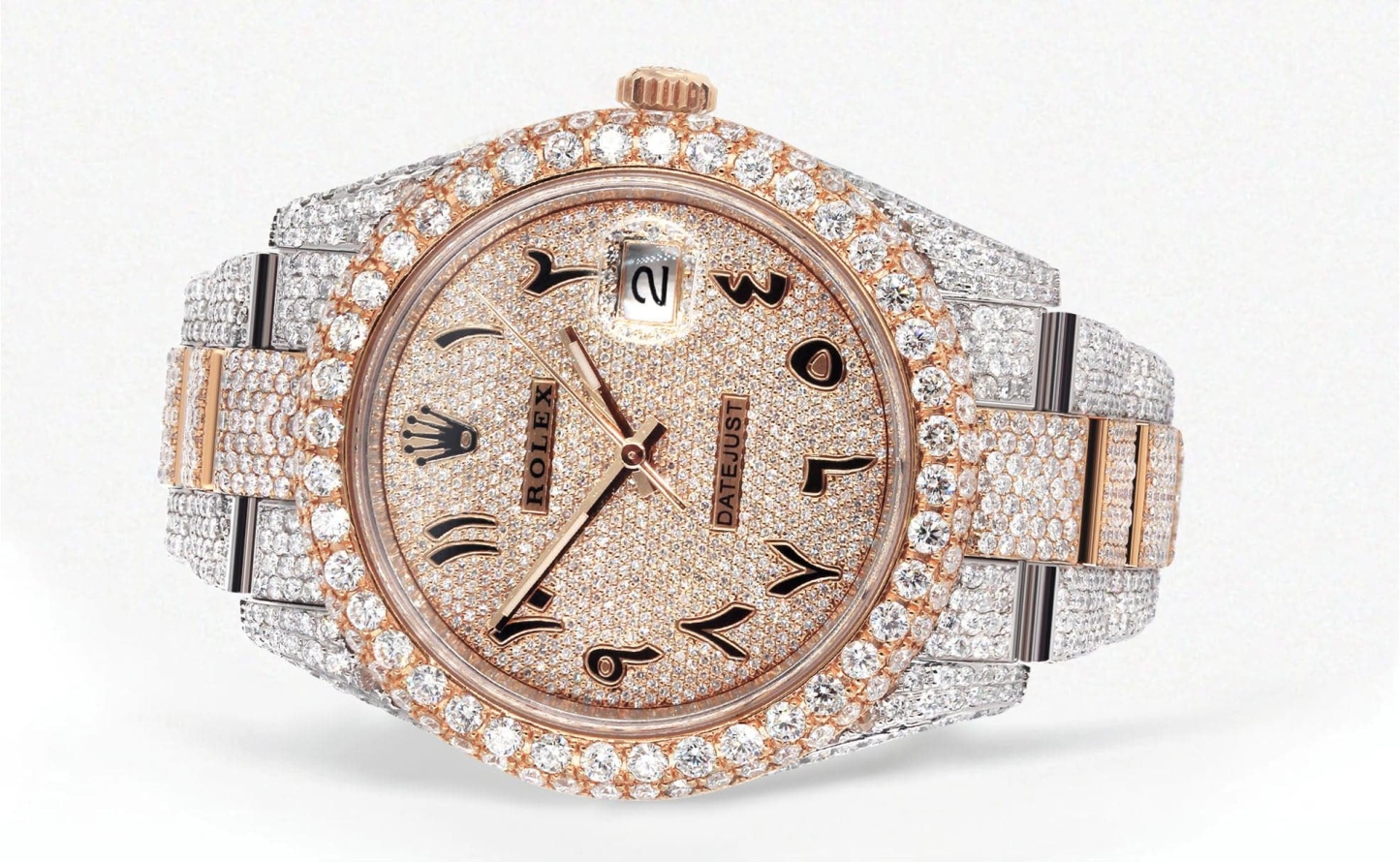 Diamond Rose Gold Iced Out rothtlex Datejust 41 | 25 Carats Of Diamonds | Custom Full Diamond Arabic Dial | Oyster Band