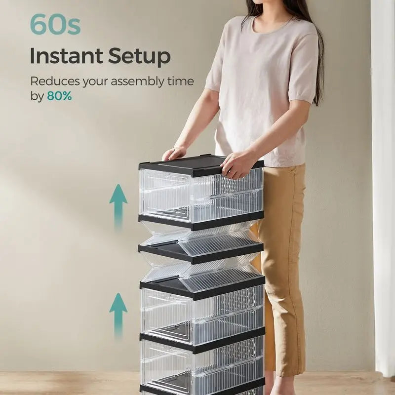 SONGMICS HOME Collapsible Shoe Boxes - Foldable Stackable Portable Organizer for US Size 13 Transparent PP Plastic Racks