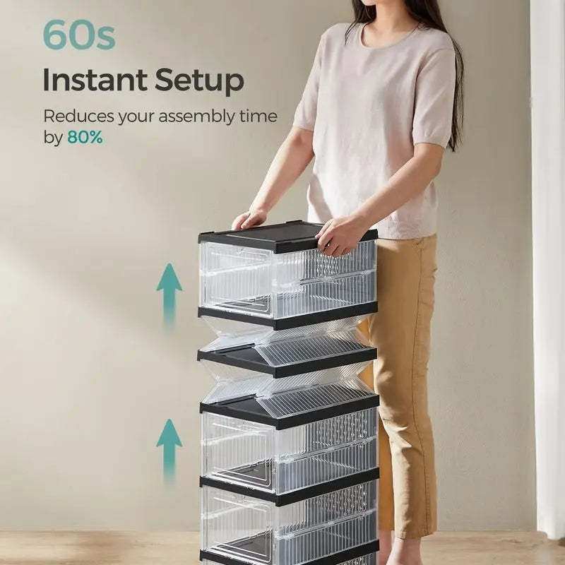 SONGMICS HOME Collapsible Shoe Boxes - Foldable Stackable Portable Organizer for US Size 13 Transparent PP Plastic Racks