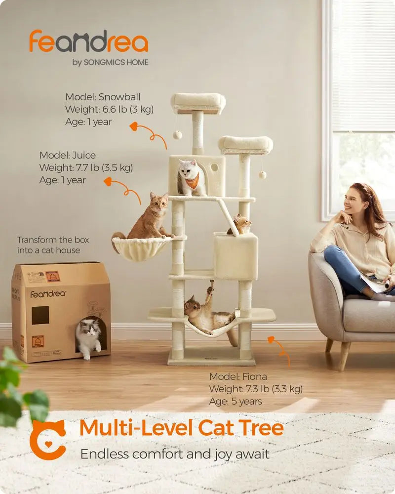 FEANDREA 66.1" Tall Large Multi-Level Cat Tree with 13 Scratching Posts