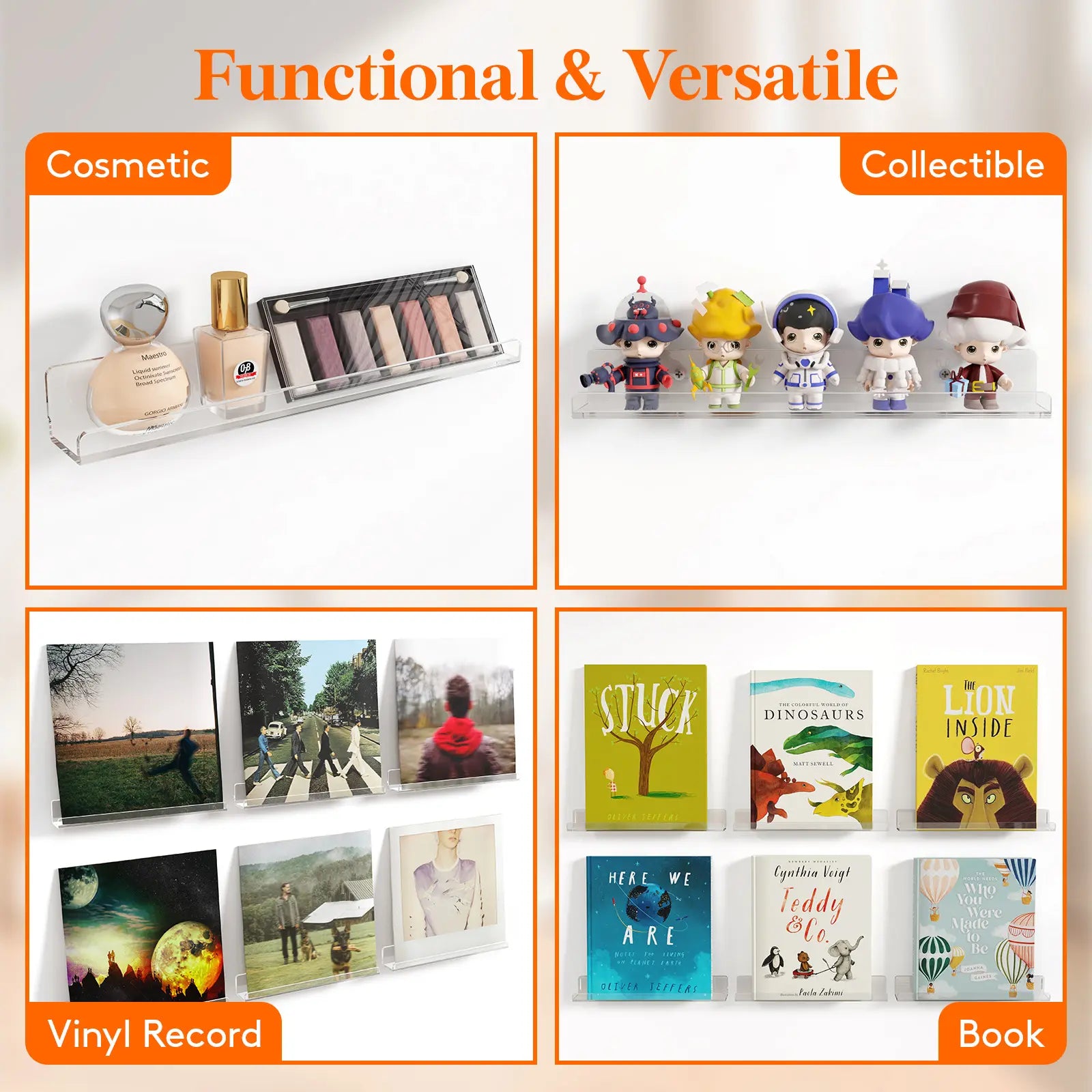 Lifewit Floating Shelves for Wall, Acrylic Shelf, Room Decor Bookcase/Vinyl Record/Photo/Picture in Bedroom, Living Room, Bathroom, Kitchen Storage Hanging Installation