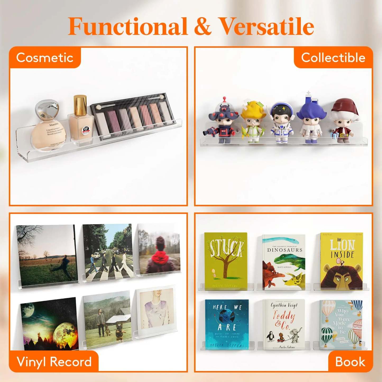 Lifewit Floating Shelves for Wall, Acrylic Shelf, Room Decor Bookcase/Vinyl Record/Photo/Picture in Bedroom, Living Room, Bathroom, Kitchen Storage Hanging Installation