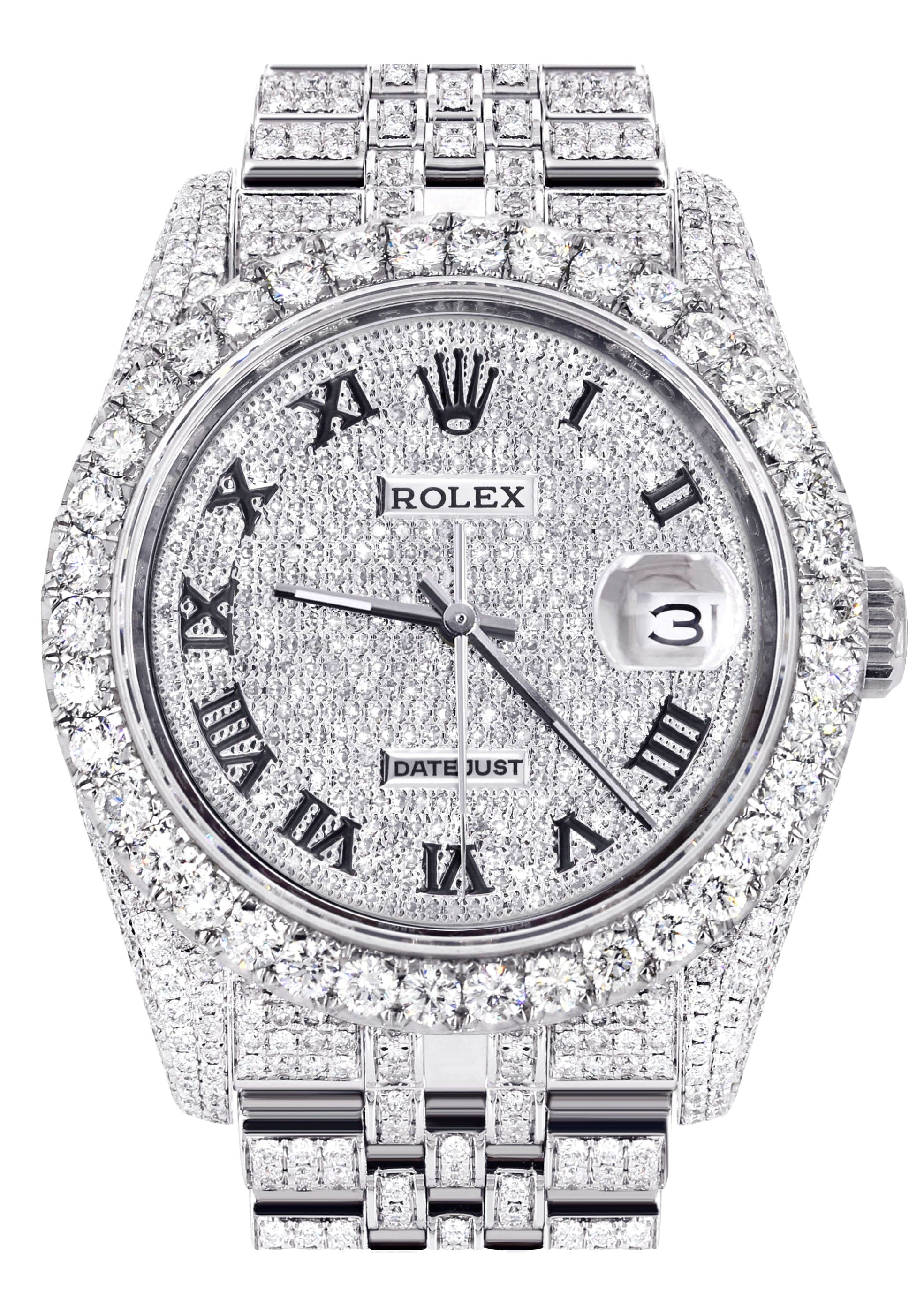 Iced Out rothtlex Datejust 36 MM | Stainless Steel | 16.5 Carats of Diamonds | Full Diamond Roman Diamond Dial | Jubilee Band | Model 116200