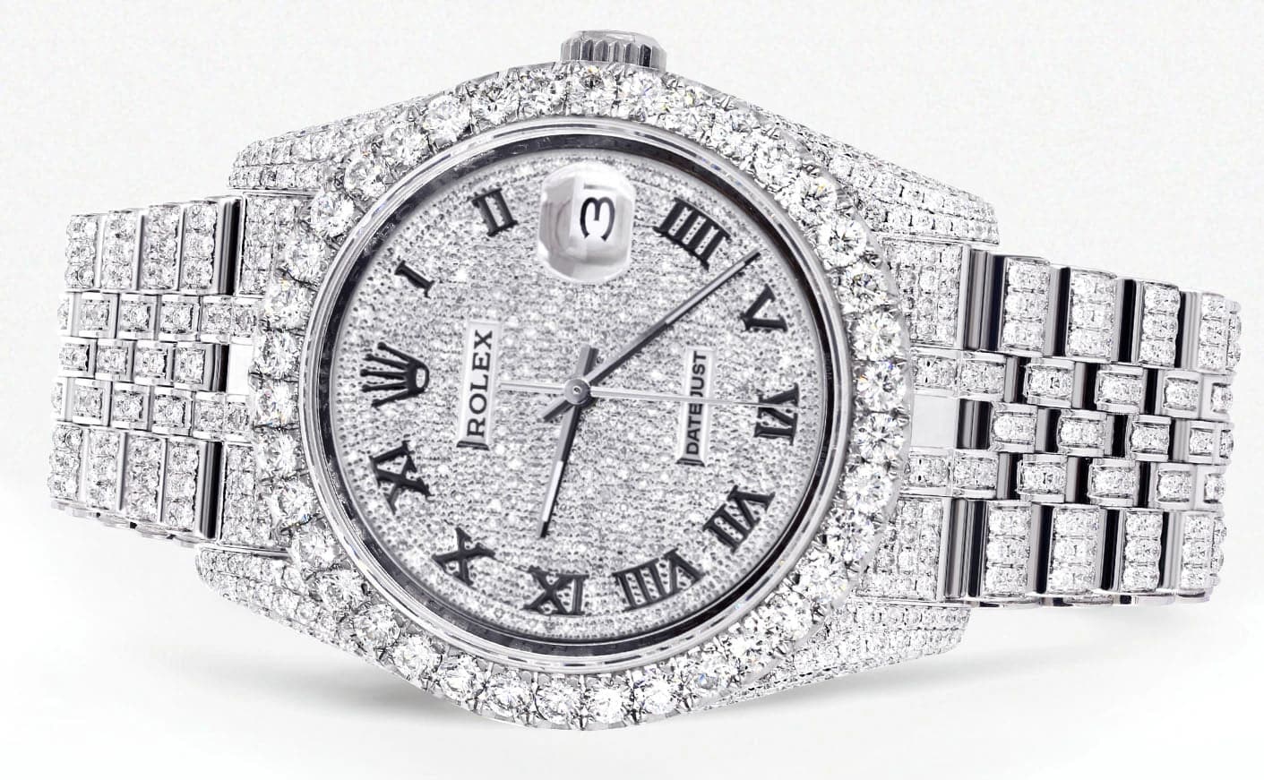 Iced Out rothtlex Datejust 36 MM | Stainless Steel | 16.5 Carats of Diamonds | Full Diamond Roman Diamond Dial | Jubilee Band | Model 116200