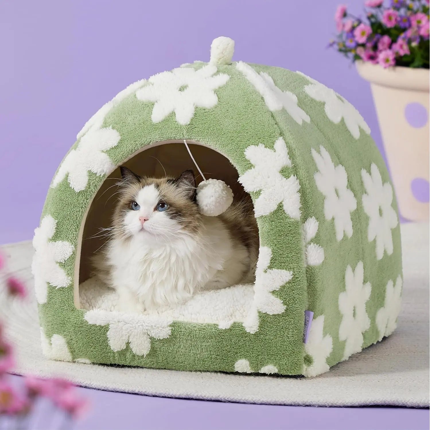 LESURE Cute Cat Beds for Indoor Cats - 2 in 1 Cat Cave Bed with Removable Washable Cushioned Pillow, Cozy Cat Tent House Design Pet Supplies Portable Blanket