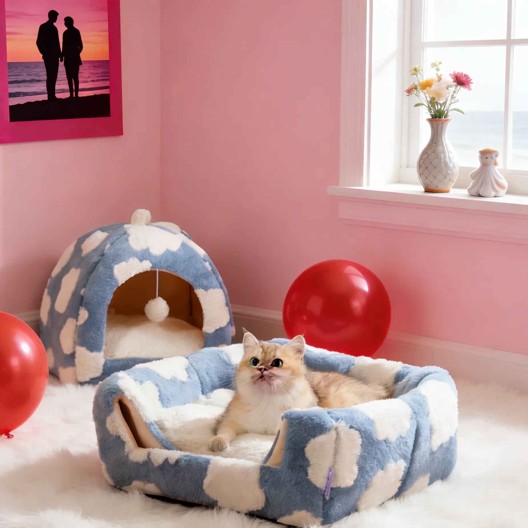 LESURE Cute Cat Beds for Indoor Cats - 2 in 1 Cat Cave Bed with Removable Washable Cushioned Pillow, Cozy Cat Tent House Design Pet Supplies Portable Blanket