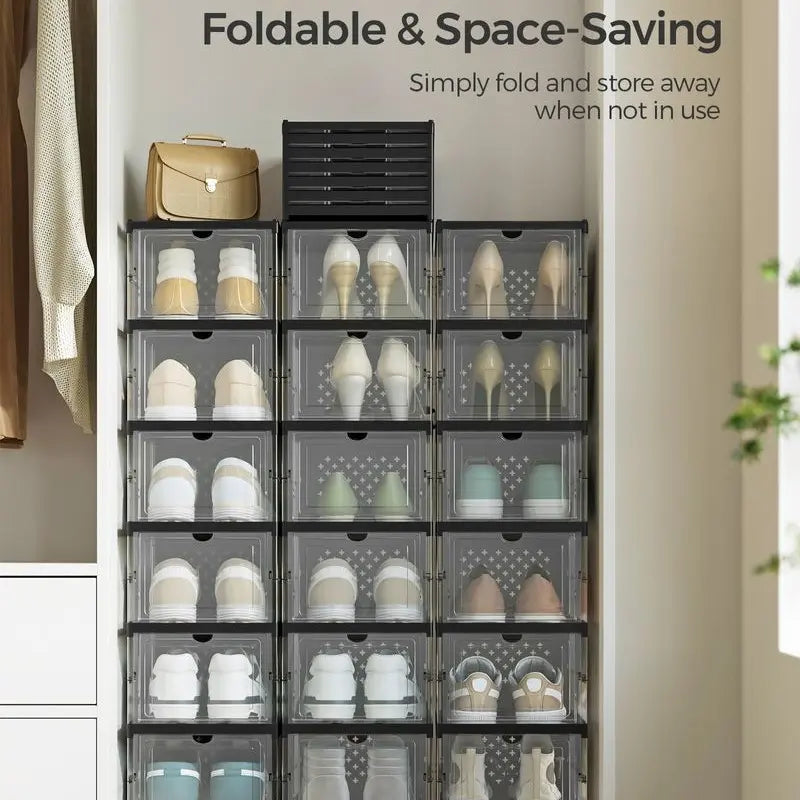 SONGMICS HOME Collapsible Shoe Boxes - Foldable Stackable Portable Organizer for US Size 13 Transparent PP Plastic Racks