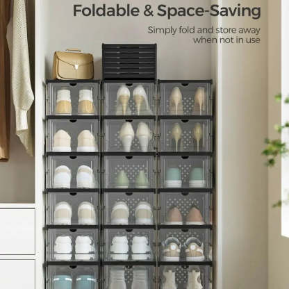 SONGMICS HOME Collapsible Shoe Boxes - Foldable Stackable Portable Organizer for US Size 13 Transparent PP Plastic Racks