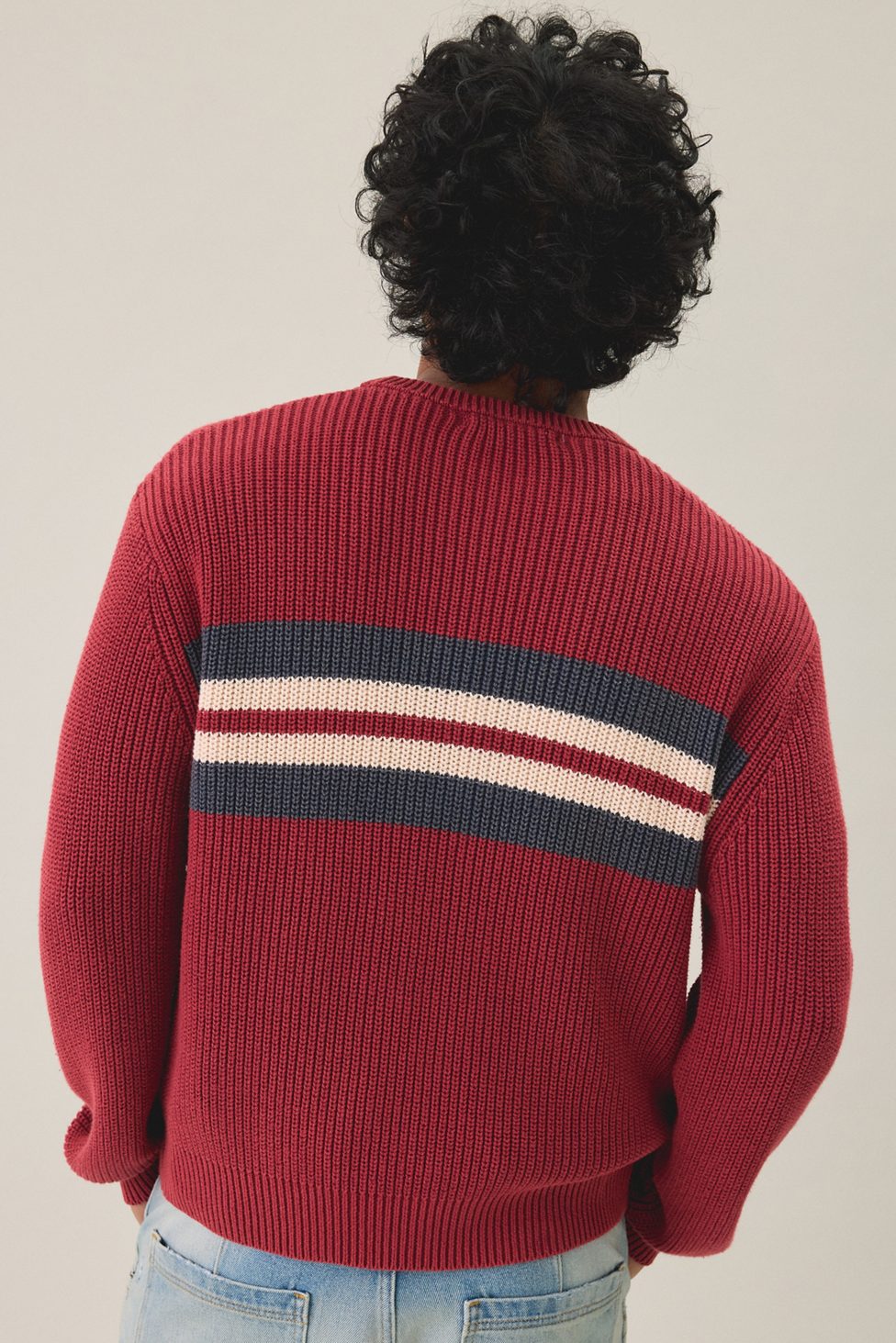 UO Striped Acid Wash Crew Neck Sweater - Red
