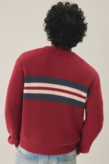 UO Striped Acid Wash Crew Neck Sweater - Red