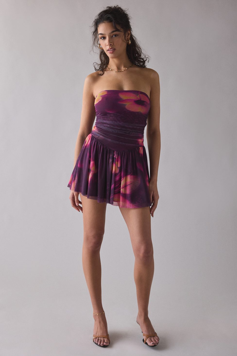 UO Modern Mesh Basque Waist Strapless Mini Dress - Purple Multi