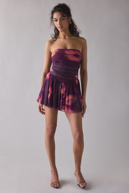 UO Modern Mesh Basque Waist Strapless Mini Dress - Purple Multi