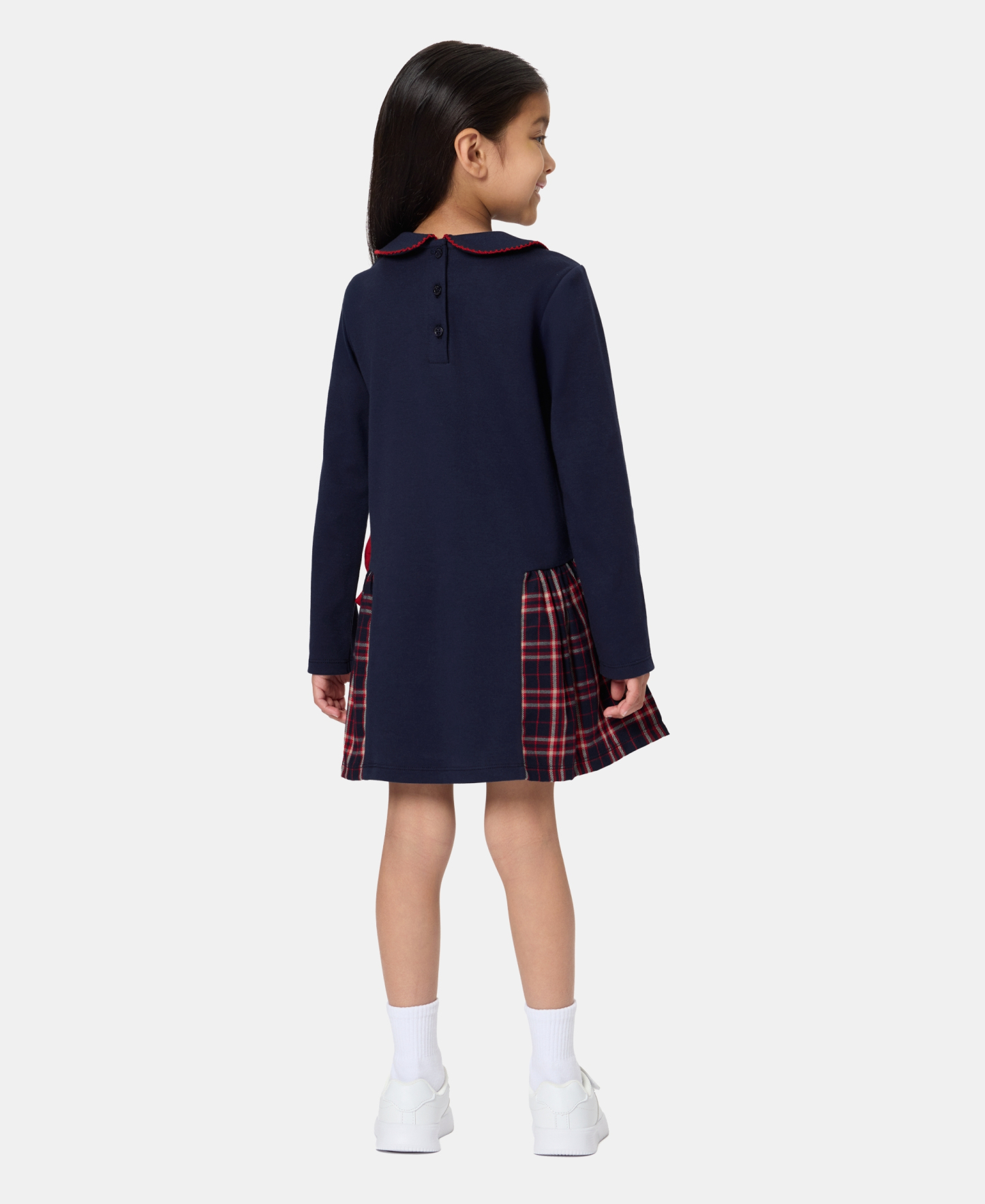 Tommy Hilfiger Girls' 4-6X Peter Pan Collar Plaid Detail Dress - Navy/Red