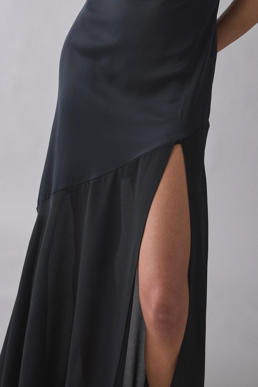 UO Sky High Sheer Illusion Asymmetric Maxi Dress - Black