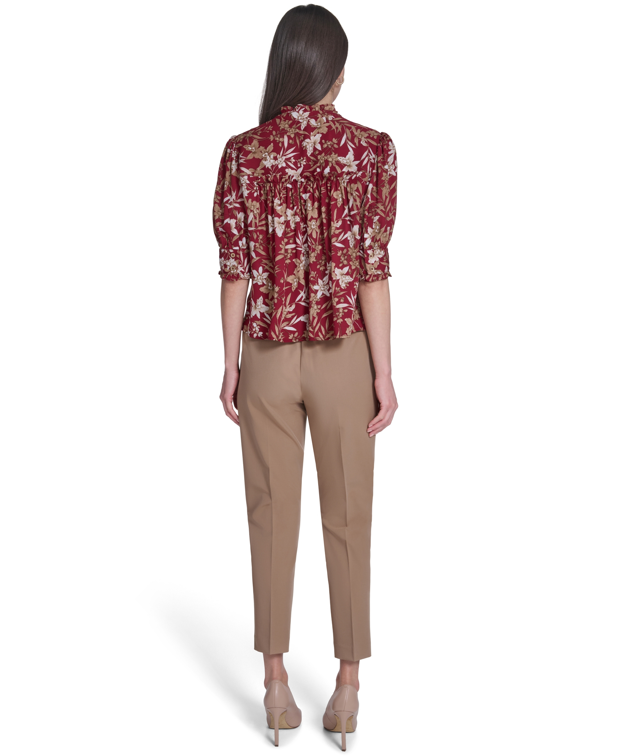 Tommy Hilfiger Women's Ruffle Puff-Sleeve Collared Shirt - Crimson/Tint