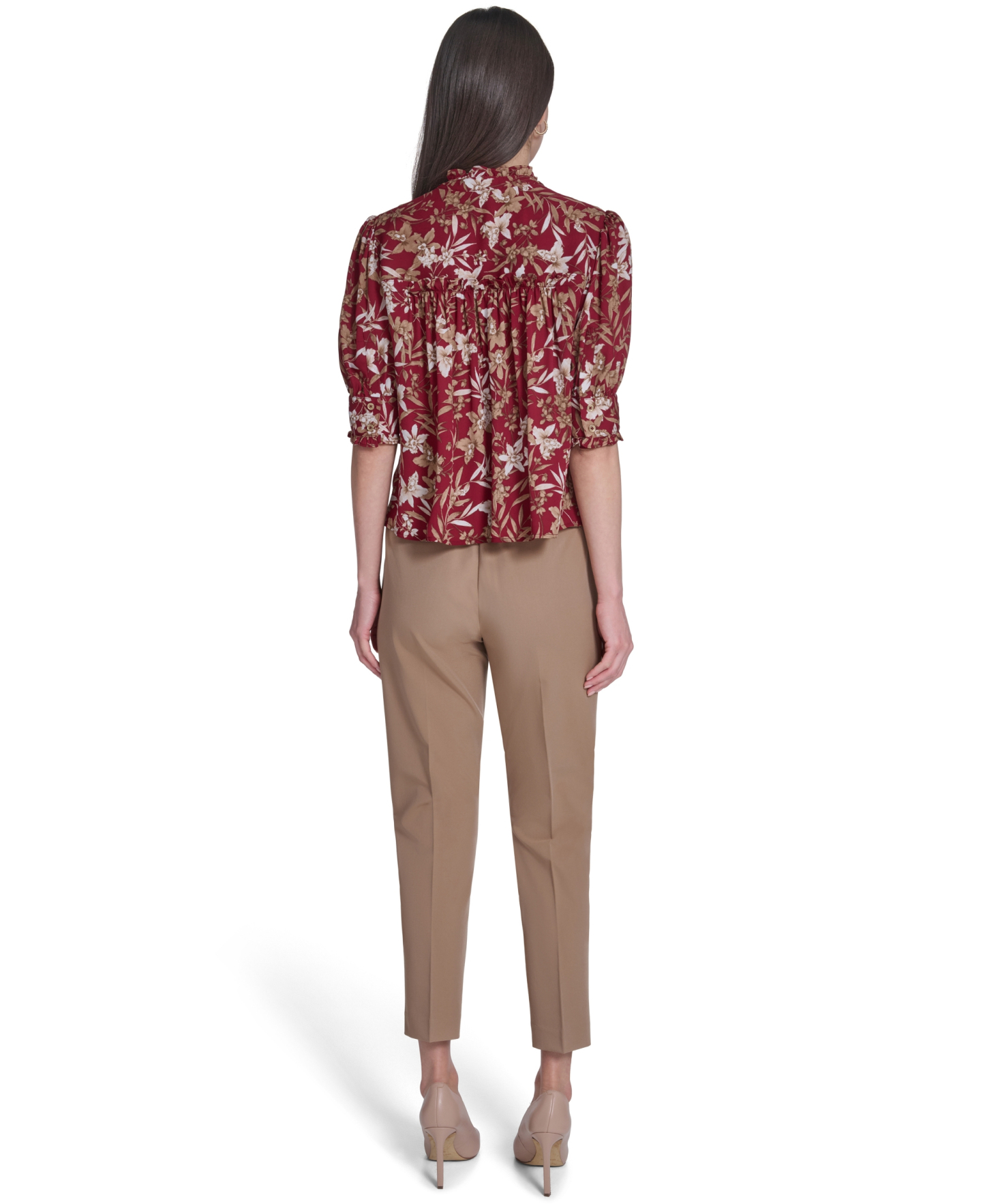 Tommy Hilfiger Women's Ruffle Puff-Sleeve Collared Shirt - Crimson/Tint