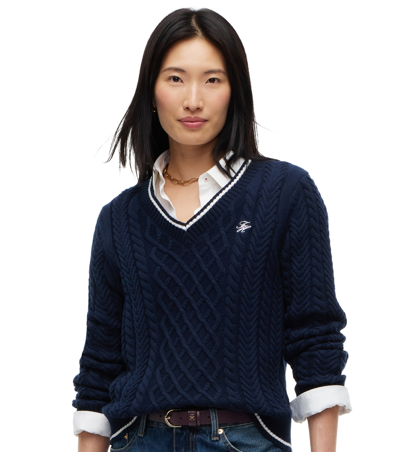Tommy Hilfiger Women's Cable-Knit V-Neck Sweater - Dark Blue