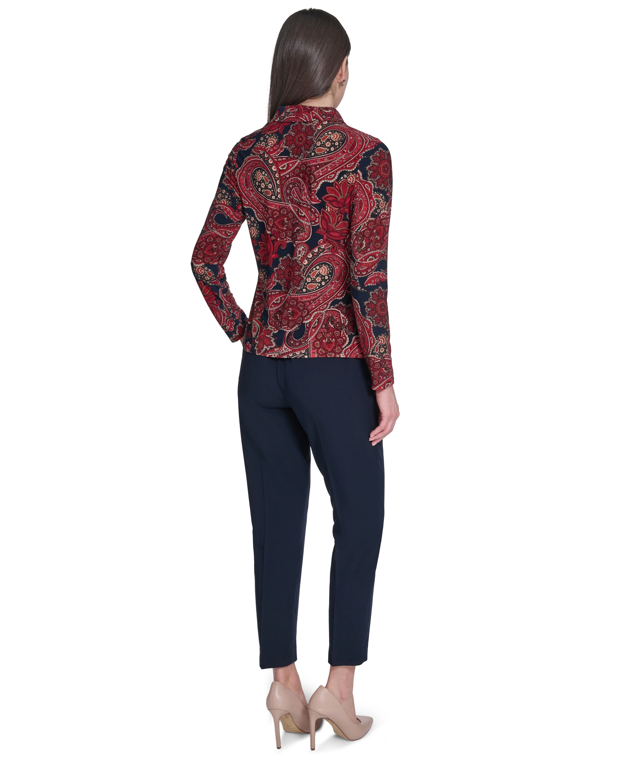 Tommy Hilfiger Women's Long-Sleeve Paisley Print Collared Top - Midnight Multi