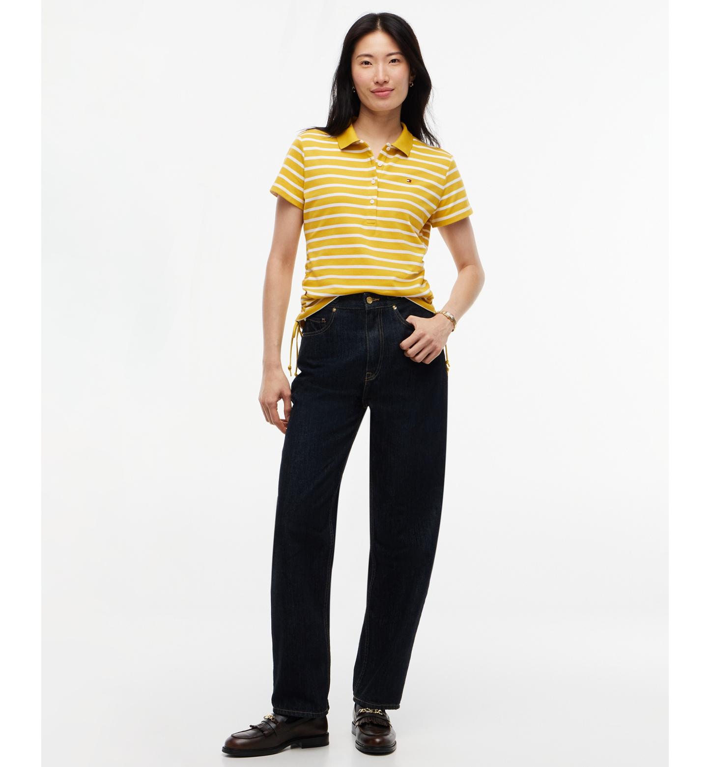 Tommy Hilfiger Women's Short-Sleeve Drawstring Polo Shirt - Breton Stp Ornamental Yellow Ecru