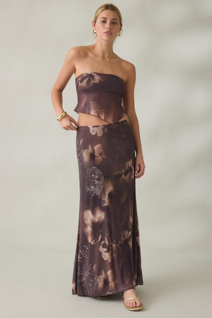 UO Shimmer Haze Printed Mesh Skirt 2-Piece Set - Brown