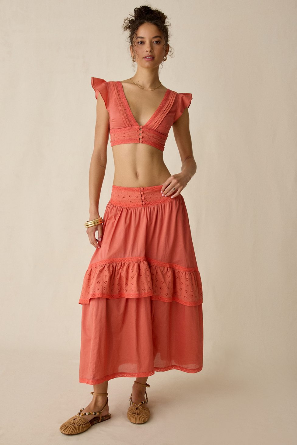 Kimchi Blue Seaside Splash Ruffle Lace Trim Midi Skirt 2-Piece Set - Red