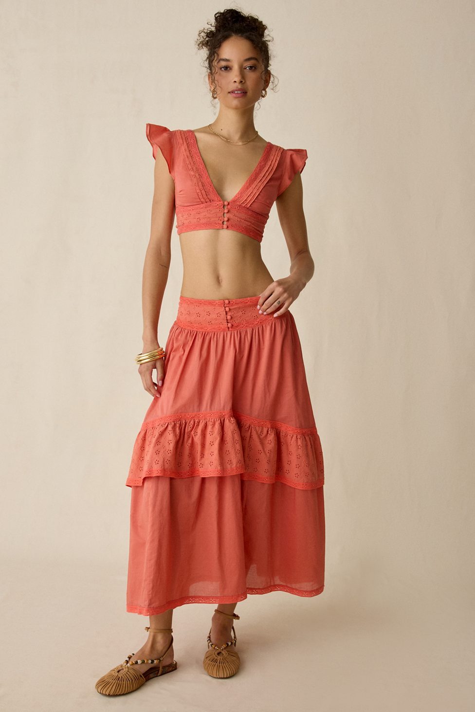 Kimchi Blue Seaside Splash Ruffle Lace Trim Midi Skirt 2-Piece Set - Red