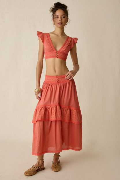 Kimchi Blue Seaside Splash Ruffle Lace Trim Midi Skirt 2-Piece Set - Red