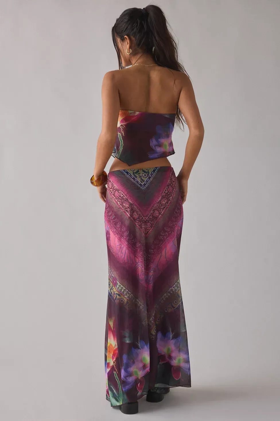 UO Shimmer Haze Printed Mesh Skirt 2-Piece Set - Purple