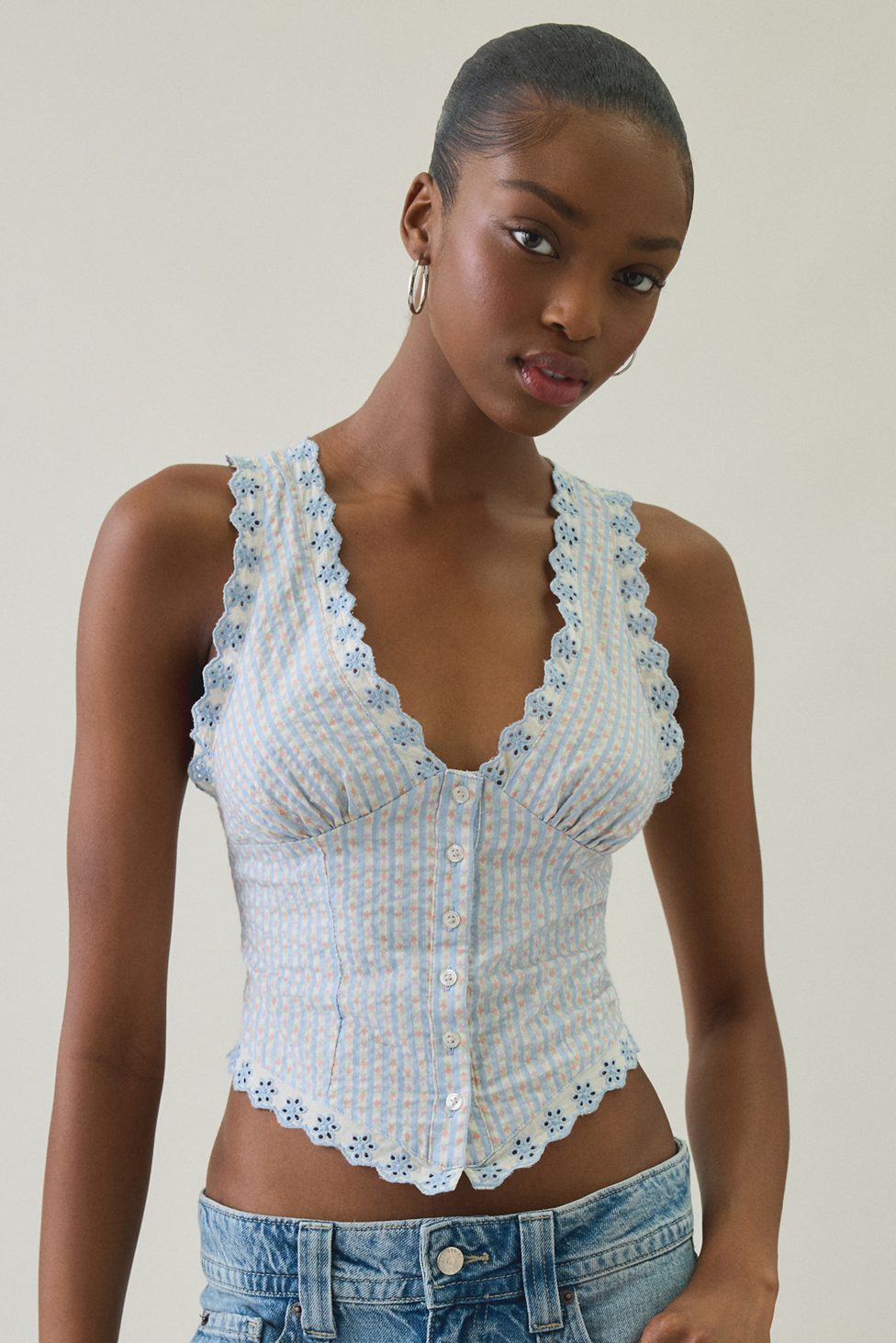 Kimchi Blue It's A Vibe Eyelet Lace Trim Corset Tank Top - Blue Multi