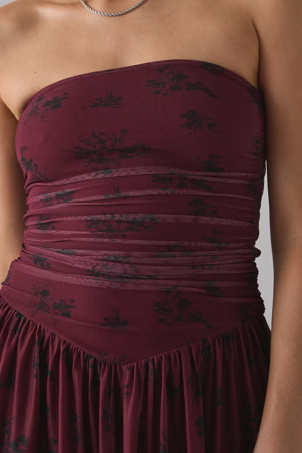 UO Modern Mesh Basque Waist Strapless Mini Dress - Burgundy Floral