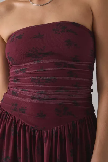 UO Modern Mesh Basque Waist Strapless Mini Dress - Burgundy Floral