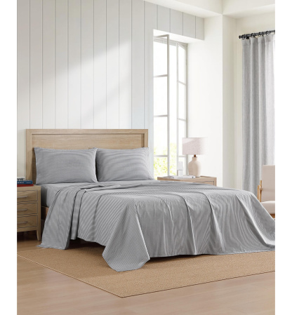 Tommy Hilfiger Printed 200-Thread Count Cotton Percale Sheet Set - Highland Ticking Stripe Navy