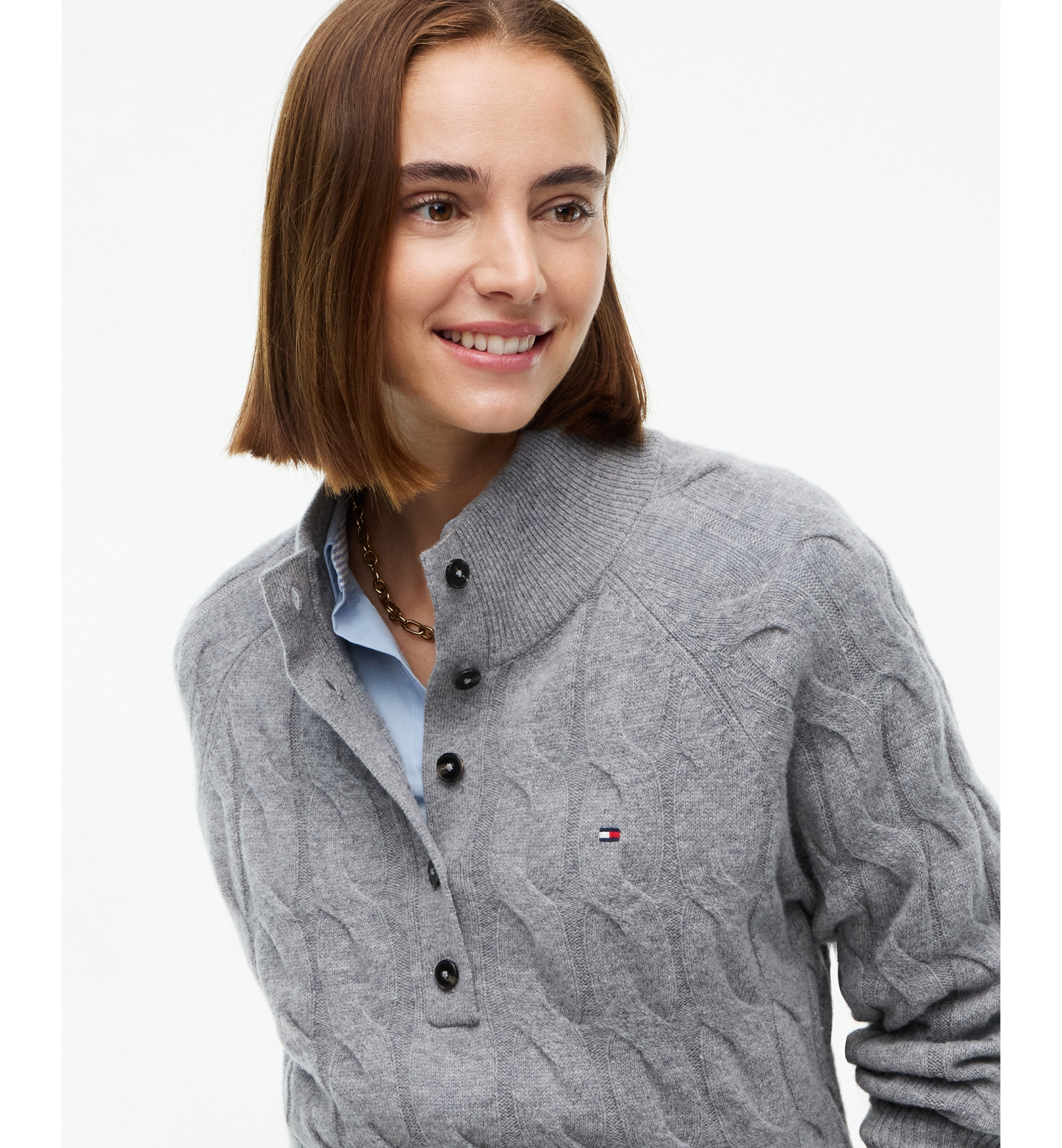 Tommy Hilfiger Women's 100% Wool Cable-Knit Mock Neck Sweater - Medium Grey Heather