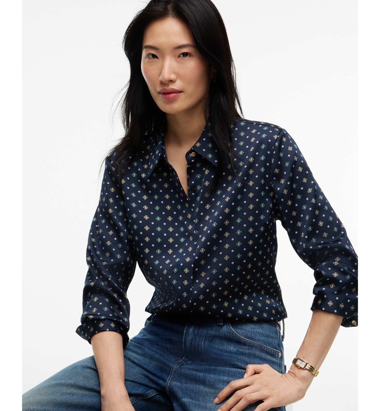 Tommy Hilfiger Women's Fluid Floral-Print Long-Sleeve Blouse - Degrade Foulard Dark Blue