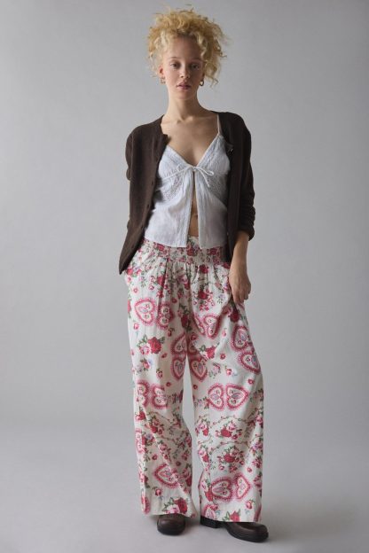 Kimchi Blue Caroline Smocked Wide Leg Linen-Blend Pants - Cabbage Rose
