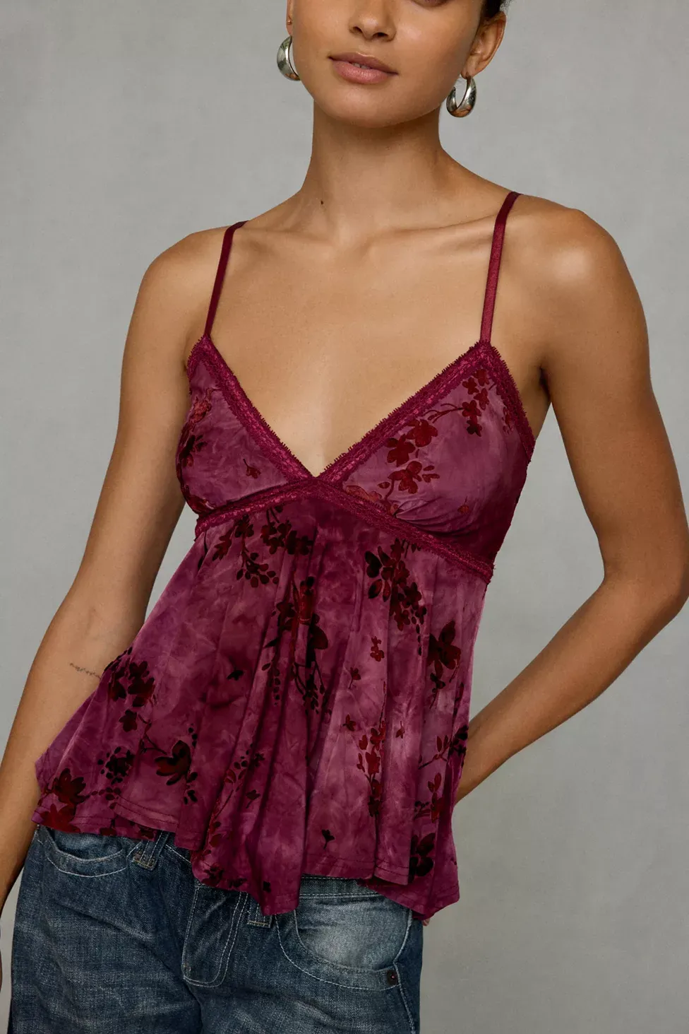 Kimchi Blue Celia Floral Burnout Lace Trim Babydoll Cami - Plum