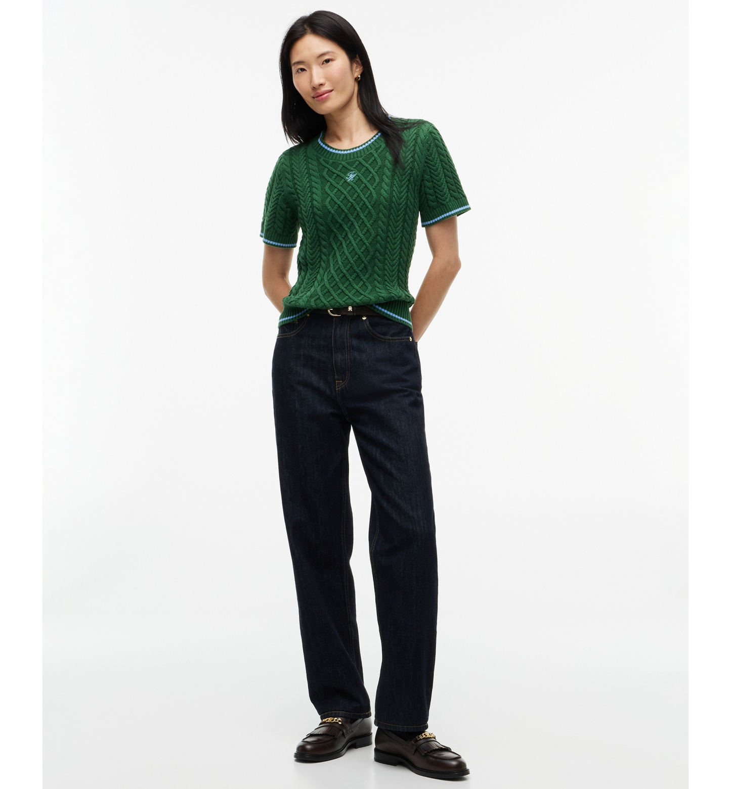 Tommy Hilfiger Women's Heritage Cable-Knit Short-Sleeve Sweater - Deep Evergreen