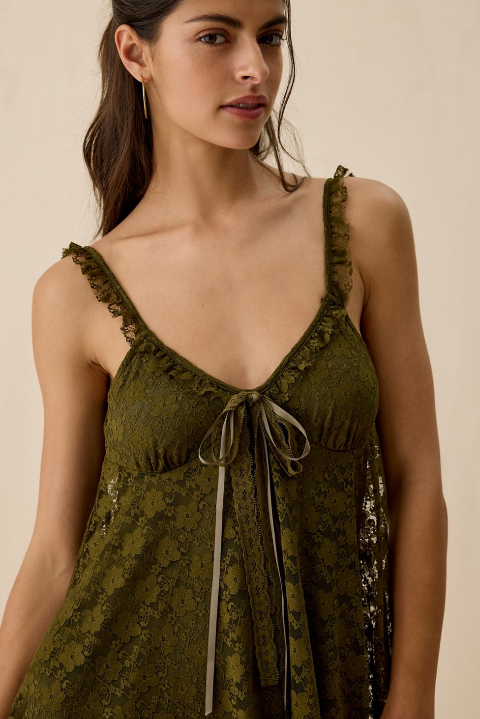 UO Primrose Lace Babydoll Romper - Olive