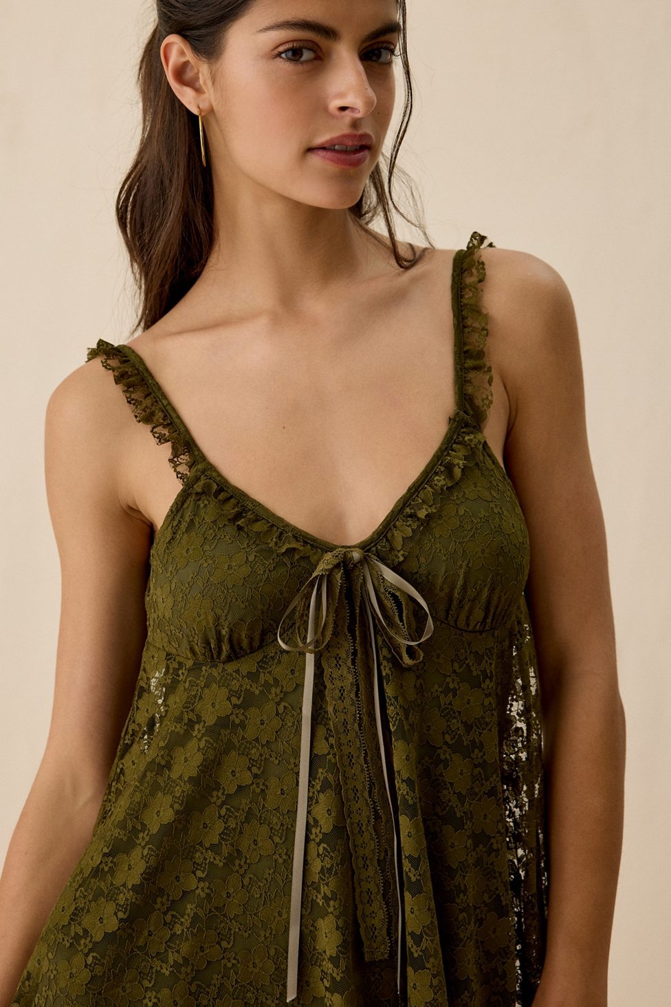 UO Primrose Lace Babydoll Romper - Olive