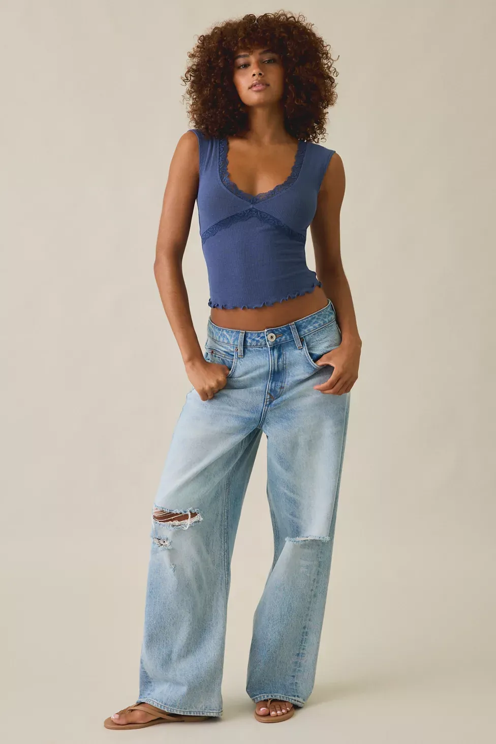 Out From Under Diana Plunging Lace Trim Cap Sleeve Top - Dark Blue