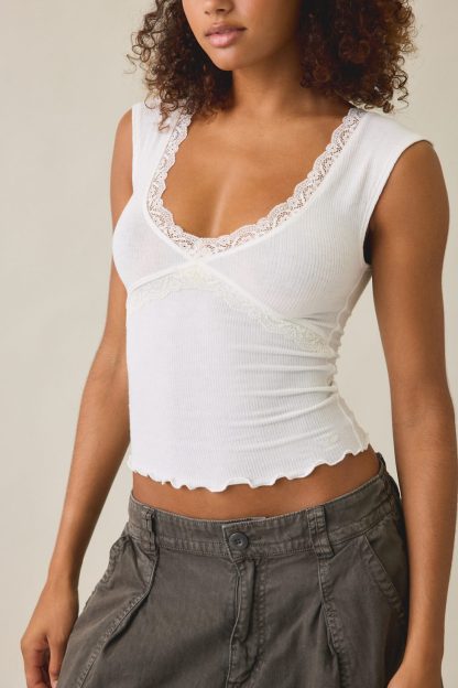 Out From Under Diana Plunging Lace Trim Cap Sleeve Top - Ivory