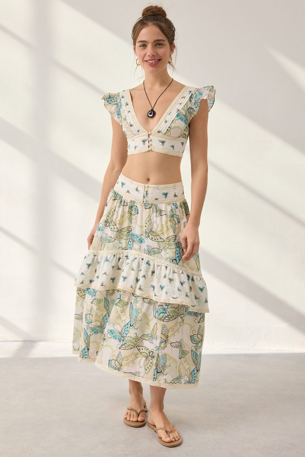 Kimchi Blue Seaside Splash Ruffle Lace Trim Midi Skirt 2-Piece Set - Ivory Combo