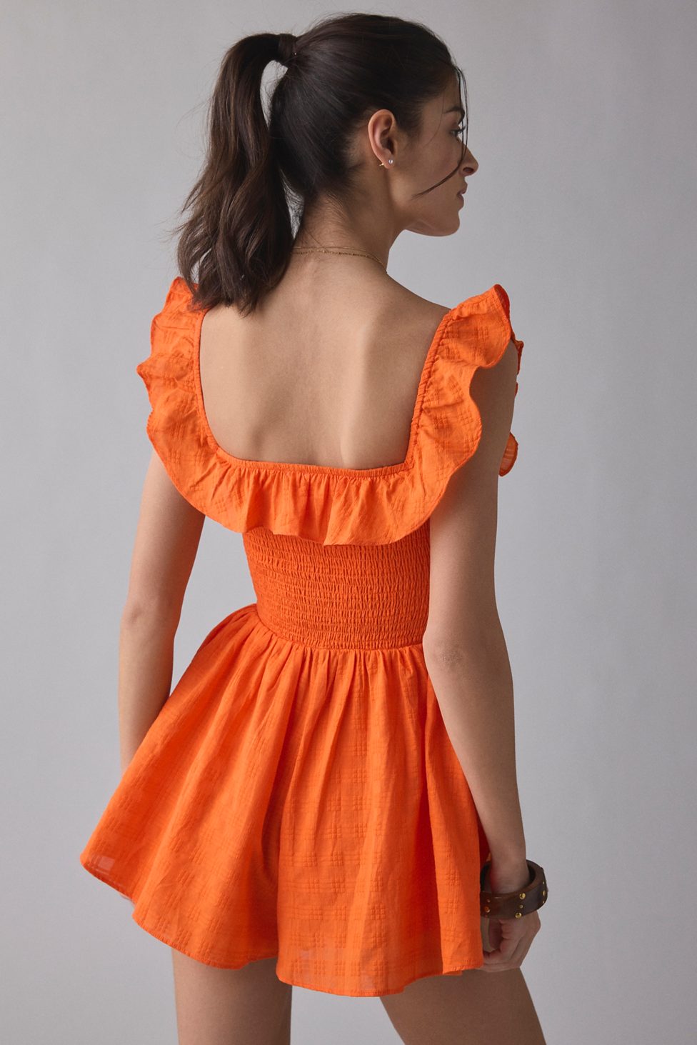 Kimchi Blue Clementine Smocked Ruffle Romper - Orange