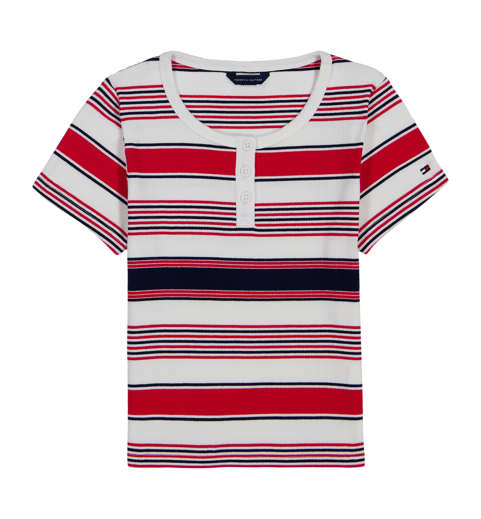 Tommy Hilfiger Girls' 7-16 Striped Ribbed Short-Sleeve Top - White/Navy/Red