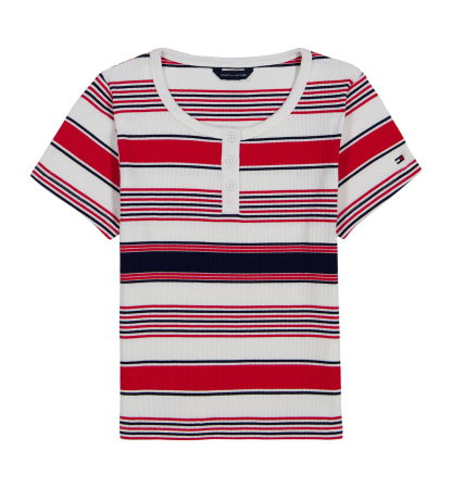 Tommy Hilfiger Girls' 7-16 Striped Ribbed Short-Sleeve Top - White/Navy/Red