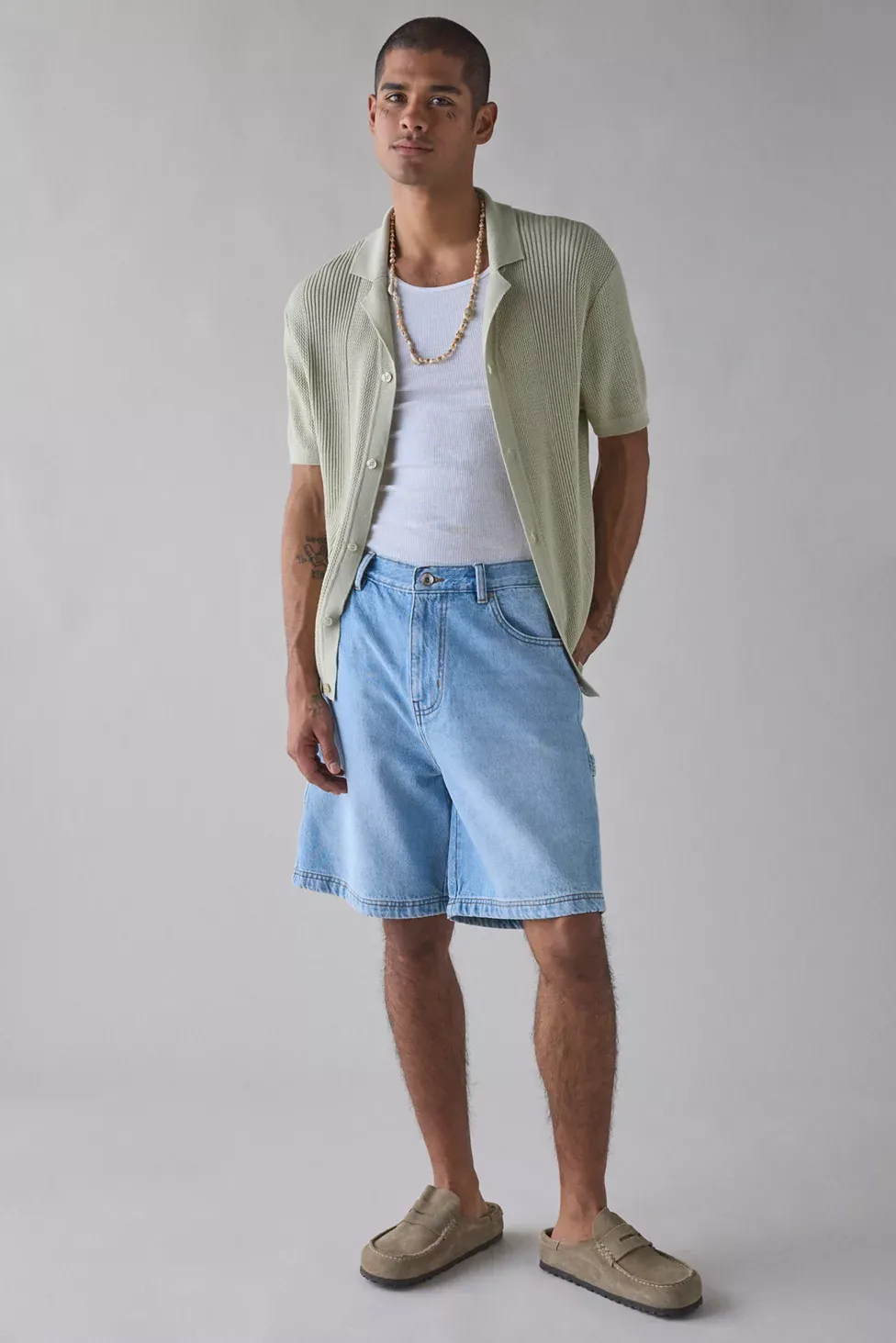 UO Catamaran Camp Collar Short Sleeve Sweater - Aqua Grey