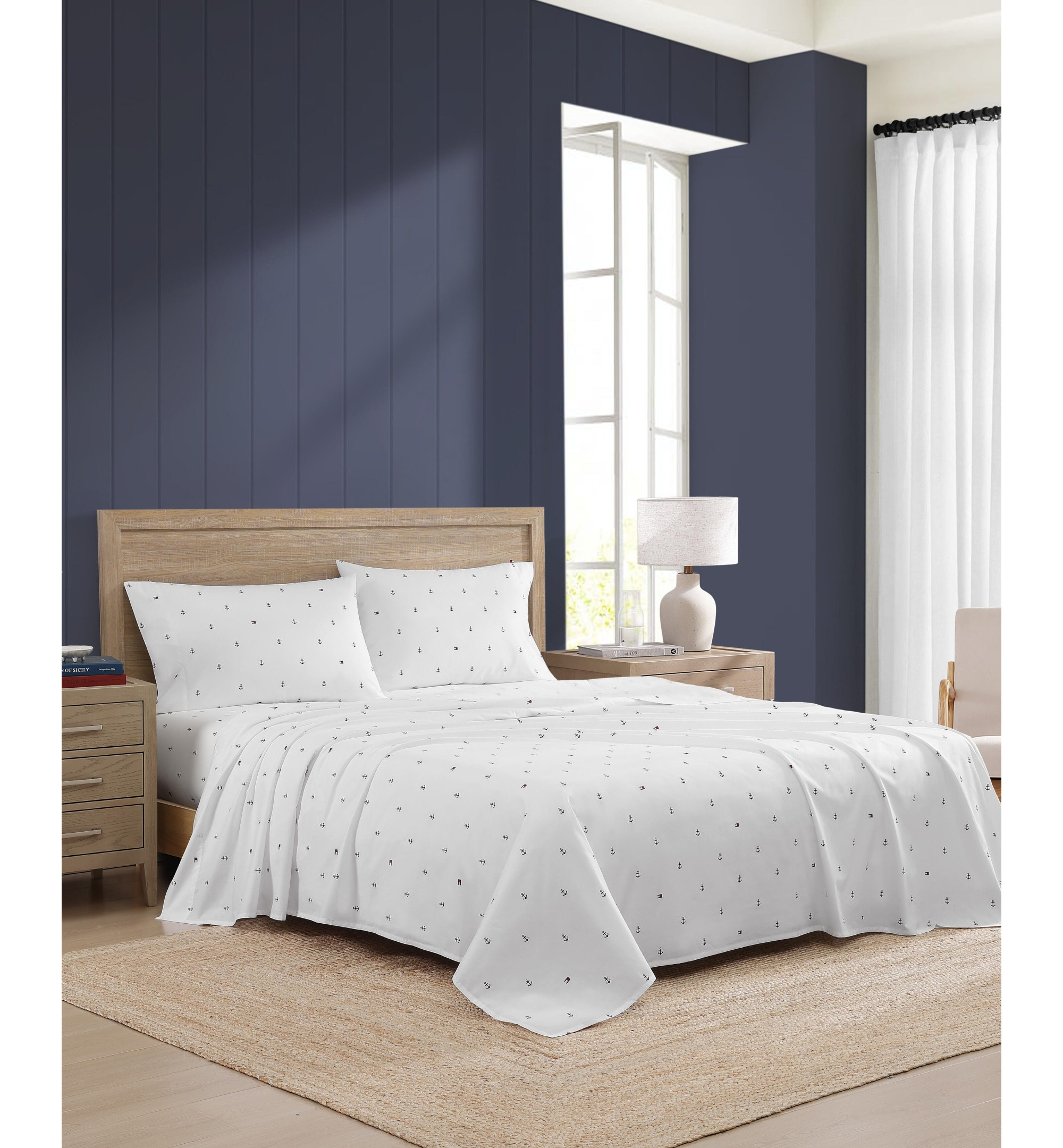 Tommy Hilfiger Printed 200-Thread Count Cotton Percale Sheet Set - Anchor, Flag Dark Blue