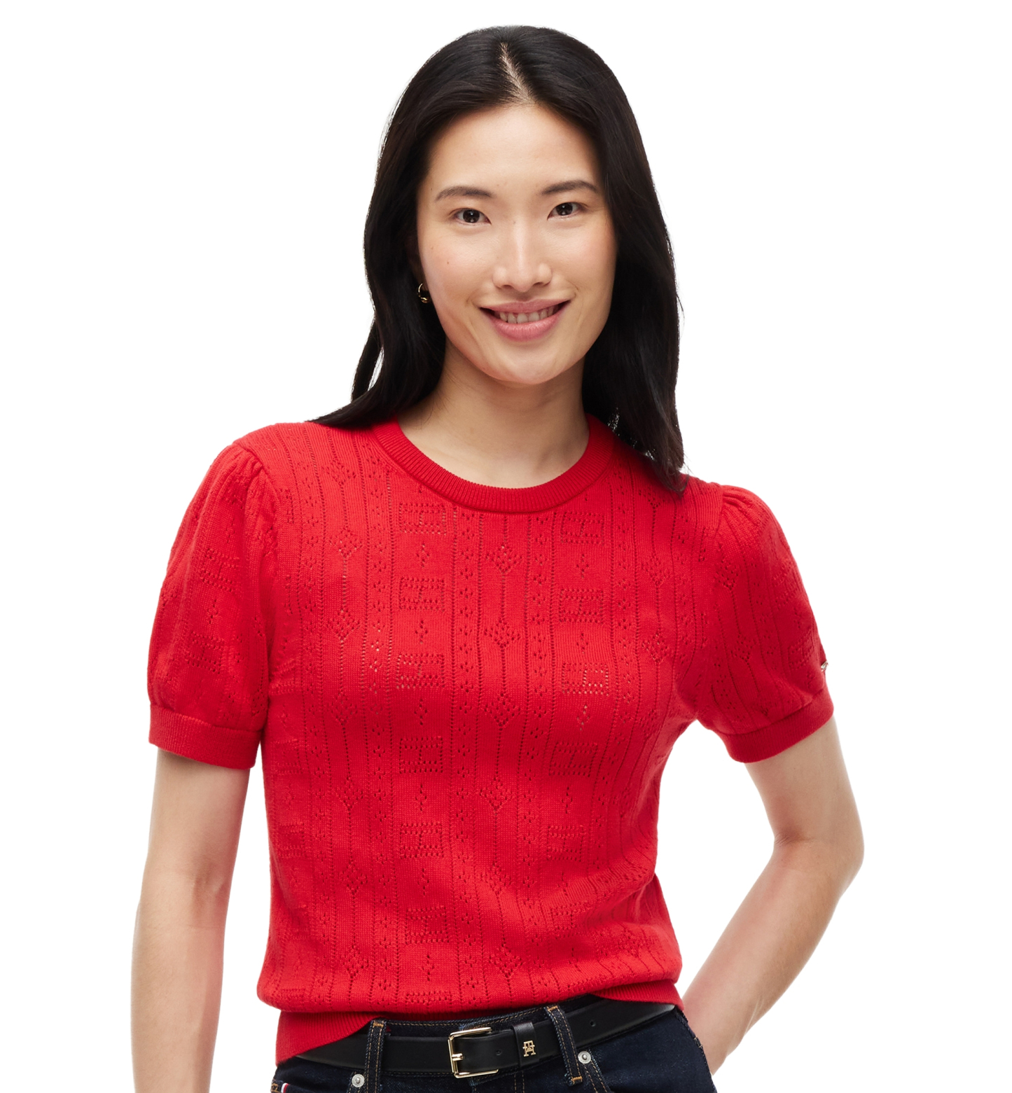 Tommy Hilfiger Women's Pointelle Puff-Sleeve Sweater - Red