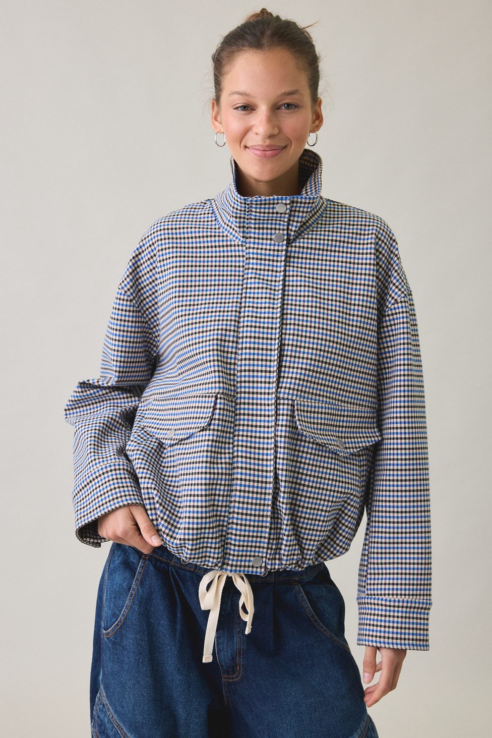 UO Harper Funnel Neck Bomber Jacket - Blue Multi